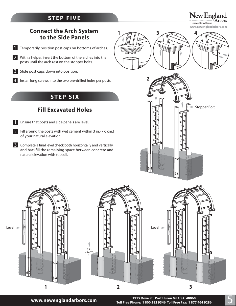 Step five, Connect the arch system to the side panels, Step six | Fill excavated holes | New England Arbors VA84240 User Manual | Page 5 / 5