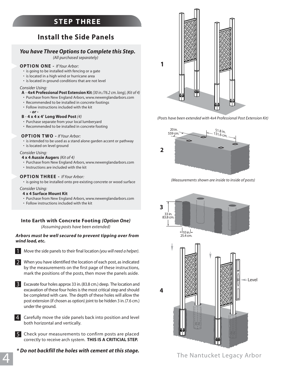 Install the side panels, The nantucket legacy arbor, You have three options to complete this step | New England Arbors VA84250 User Manual | Page 4 / 5