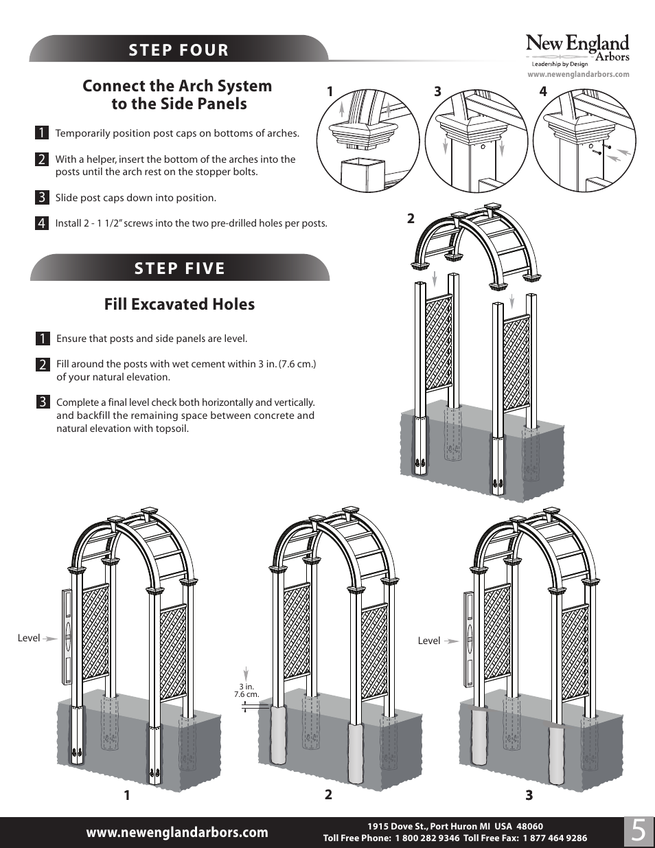 Connect the arch system to the side panels, Fill excavated holes | New England Arbors VA84250 User Manual | Page 5 / 5