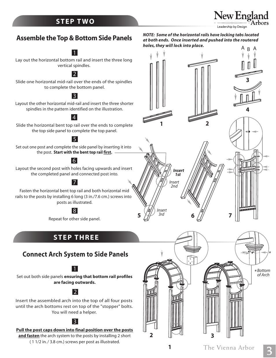 Assemble the top & bottom side panels, Connect arch system to side panels | New England Arbors VA68144 User Manual | Page 3 / 4
