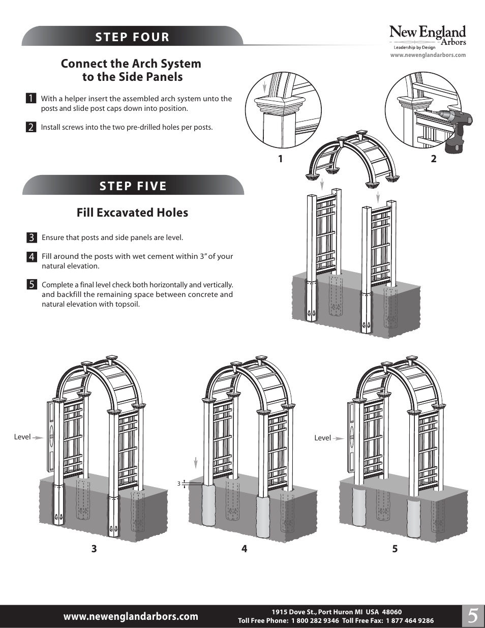Step four, Connect the arch system to the side panels, Step five | Fill excavated holes | New England Arbors VA84234 User Manual | Page 5 / 5