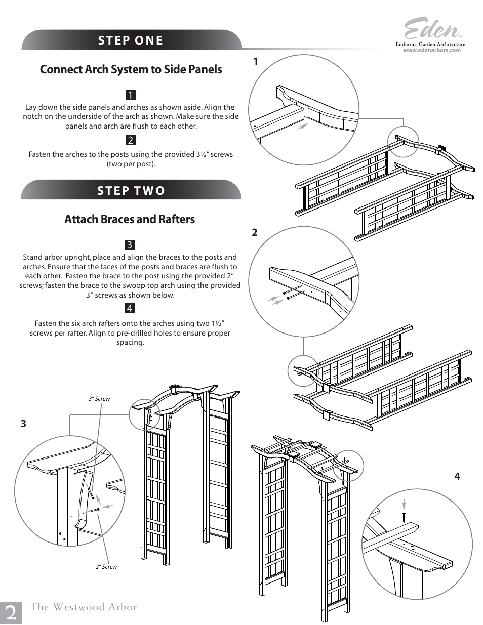 Connect arch system to side panels, Attach braces and rafters | New England Arbors VA68890 User Manual | Page 2 / 3