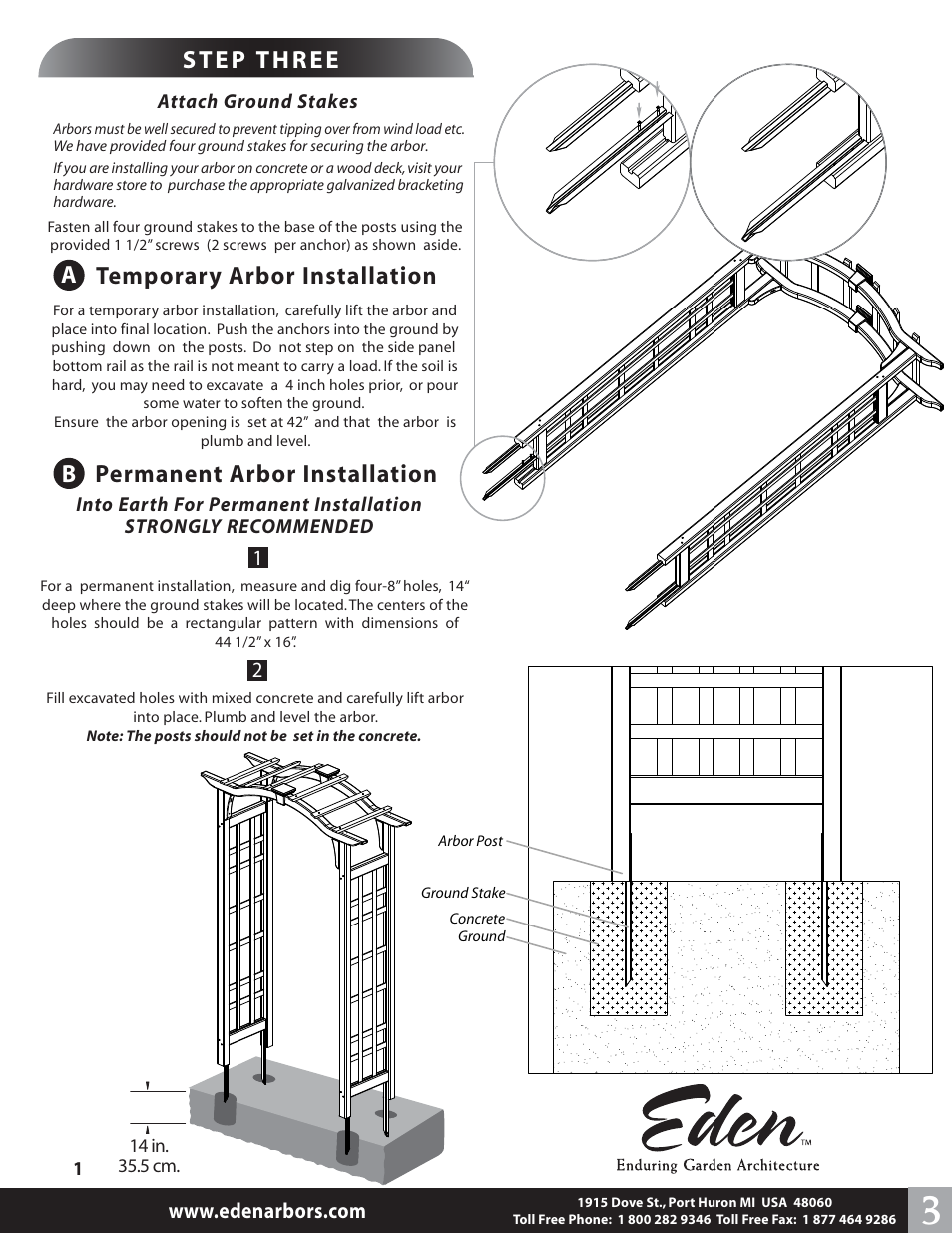 Temporary arbor installation, Permanent arbor installation a | New England Arbors VA68890 User Manual | Page 3 / 3