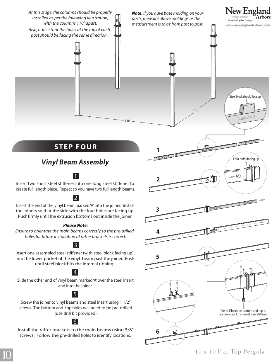 Flat top pergola pg10, Vinyl beam assembly | New England Arbors VA84045 User Manual | Page 10 / 19