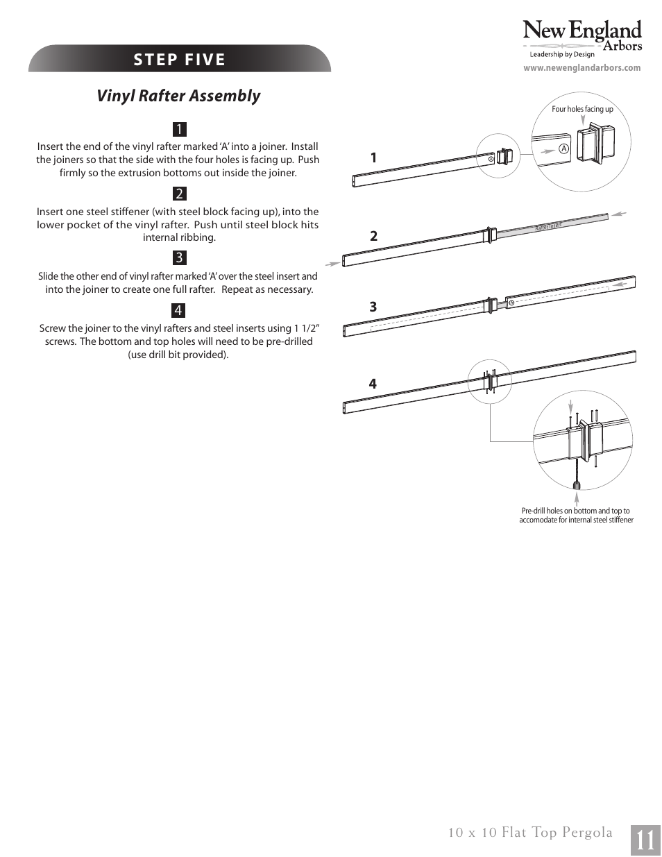 Flat top pergola pg11, Vinyl rafter assembly | New England Arbors VA84045 User Manual | Page 11 / 19