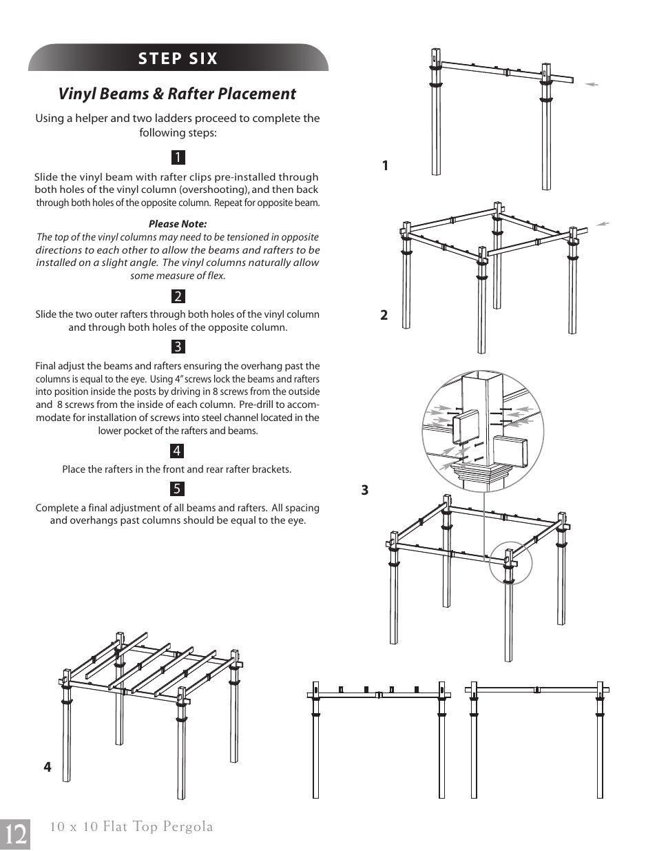 Flat top pergola pg12, Vinyl beams & rafter placement | New England Arbors VA84045 User Manual | Page 12 / 19