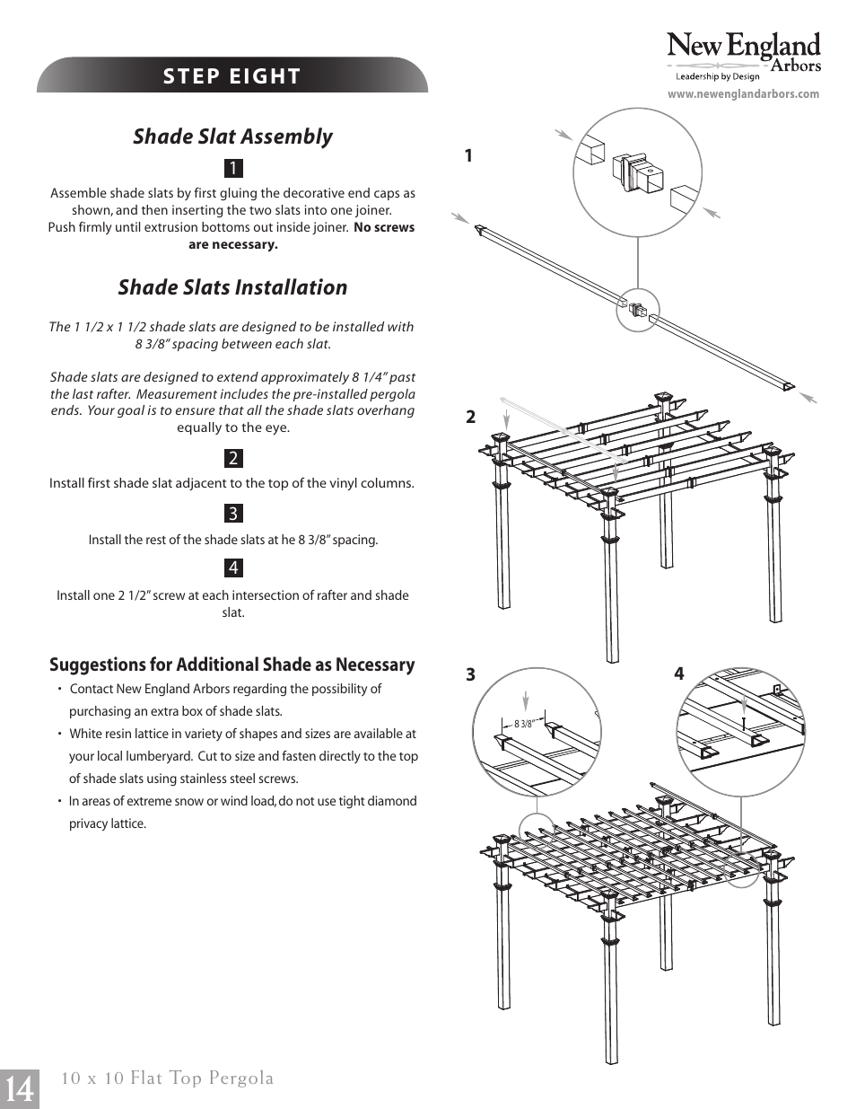 Flat top pergola pg14, Shade slat assembly | New England Arbors VA84045 User Manual | Page 14 / 19