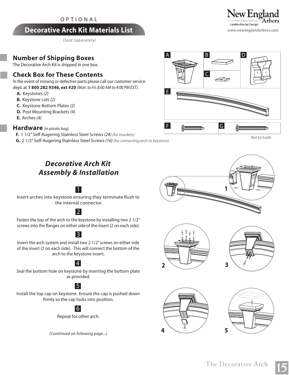 Flat top pergola pg15, Decorative arch kit assembly & installation, Decorative arch kit materials list | New England Arbors VA84045 User Manual | Page 15 / 19