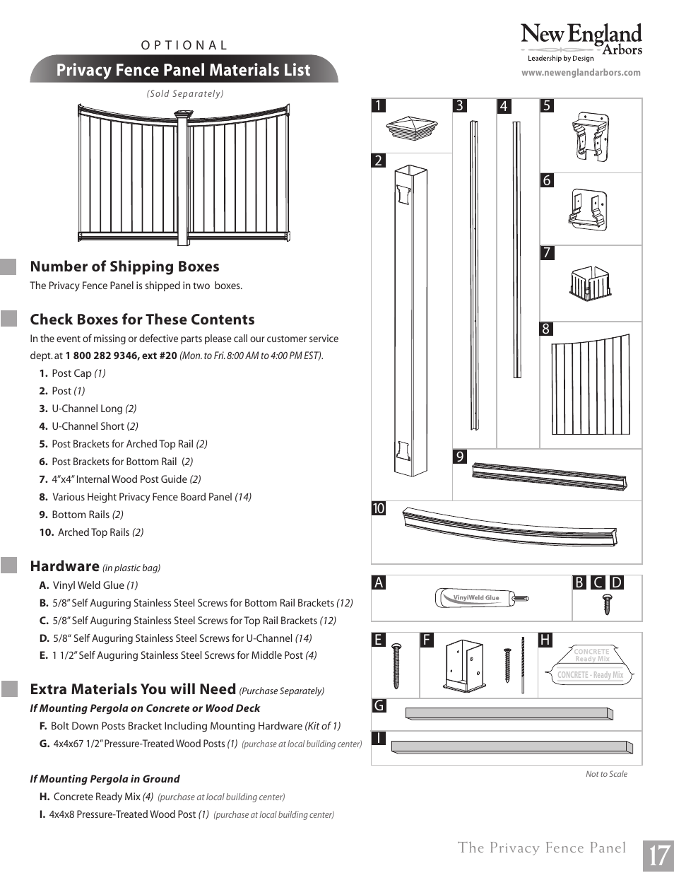 Flat top pergola pg17, Privacy fence panel materials list | New England Arbors VA84045 User Manual | Page 17 / 19