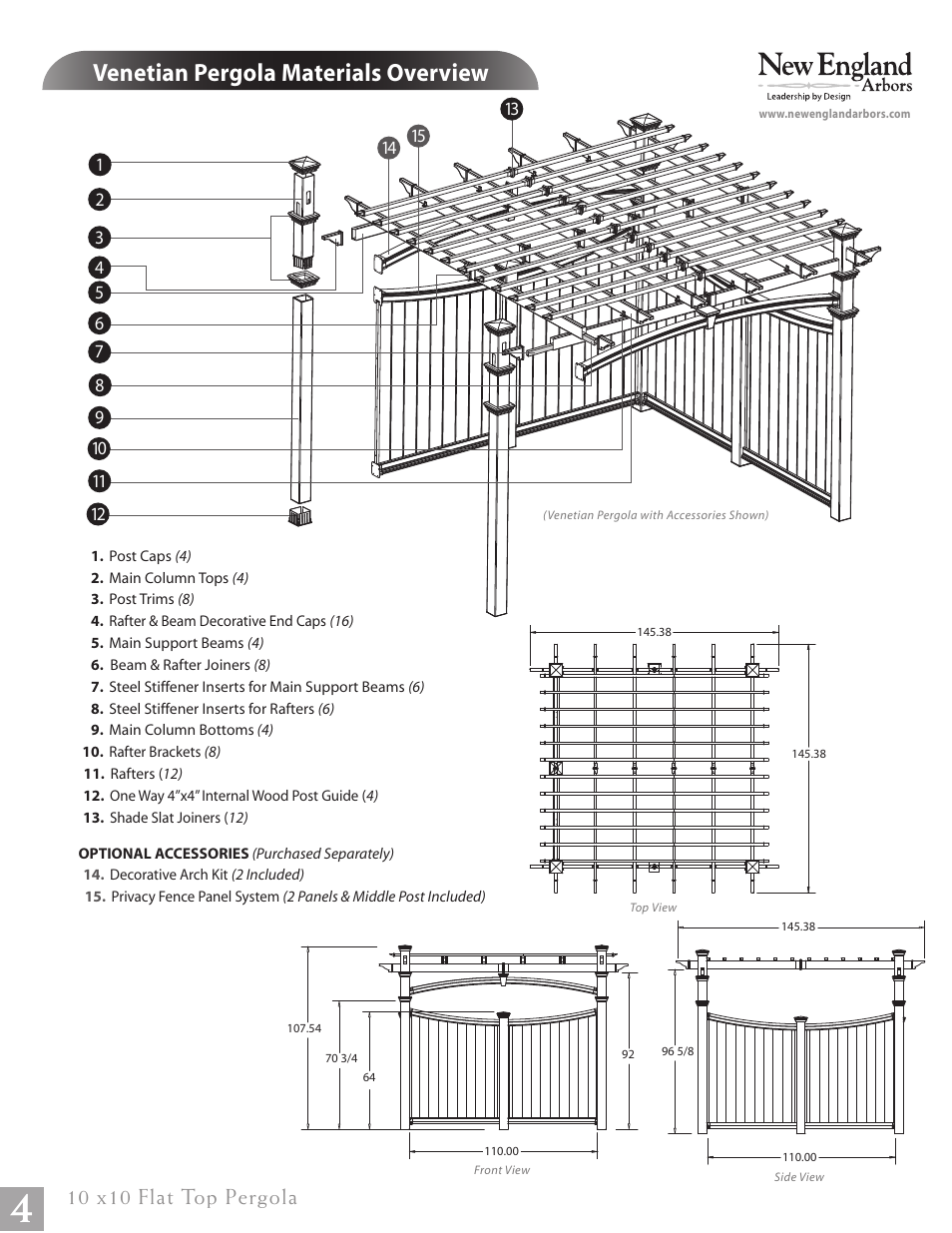 Flat top pergola pg04, Venetian pergola materials overview, 10 x10 flat top pergola | New England Arbors VA84045 User Manual | Page 4 / 19