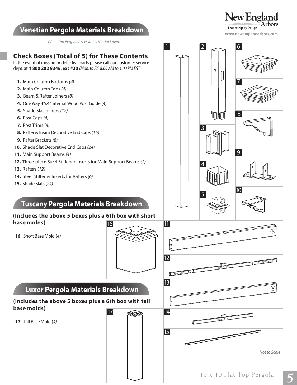 Flat top pergola pg05, Venetian pergola materials breakdown, Tuscany pergola materials breakdown | Luxor pergola materials breakdown, Check boxes (total of 5) for these contents, 10 x 10 flat top pergola | New England Arbors VA84045 User Manual | Page 5 / 19