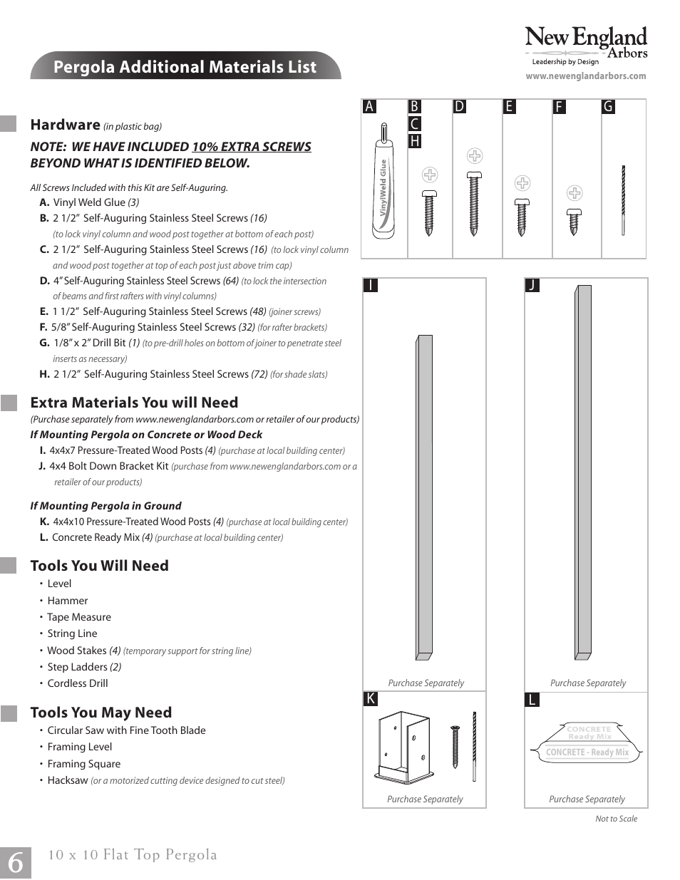 Flat top pergola pg06, Pergola additional materials list, Hardware | Extra materials you will need, Tools you will need, Tools you may need, Ab d l, 10 x 10 flat top pergola | New England Arbors VA84045 User Manual | Page 6 / 19