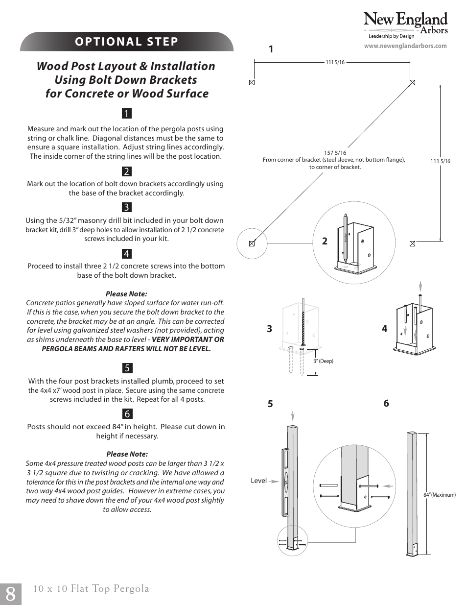 Flat top pergola pg08, 10 x 10 flat top pergola | New England Arbors VA84045 User Manual | Page 8 / 19