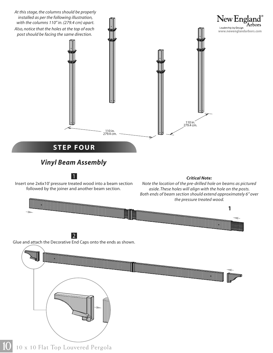 Vinyl beam assembly, 10 x 10 flat top louvered pergola | New England Arbors VA42062 User Manual | Page 10 / 23