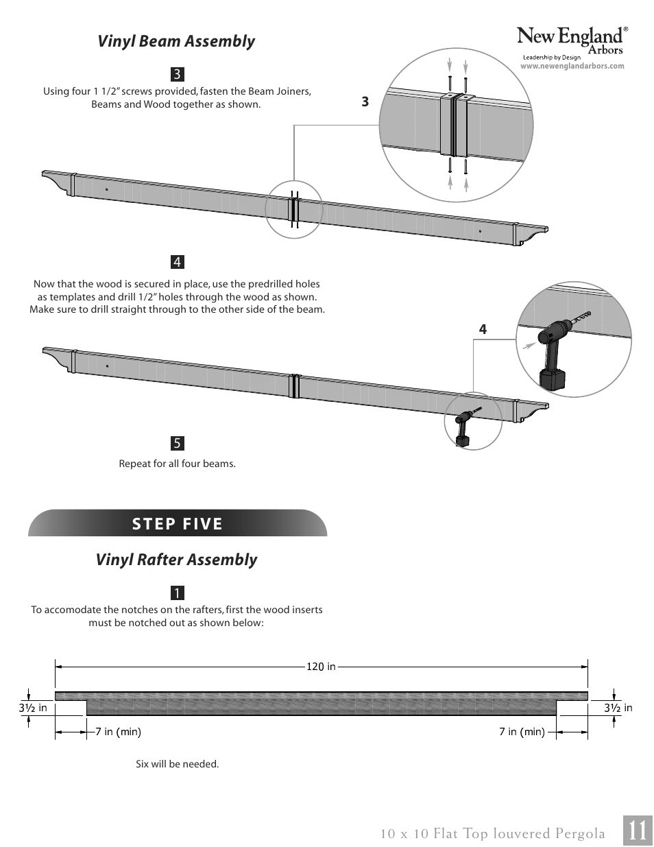 Vinyl beam assembly, Vinyl rafter assembly, 10 x 10 flat top louvered pergola | New England Arbors VA42062 User Manual | Page 11 / 23