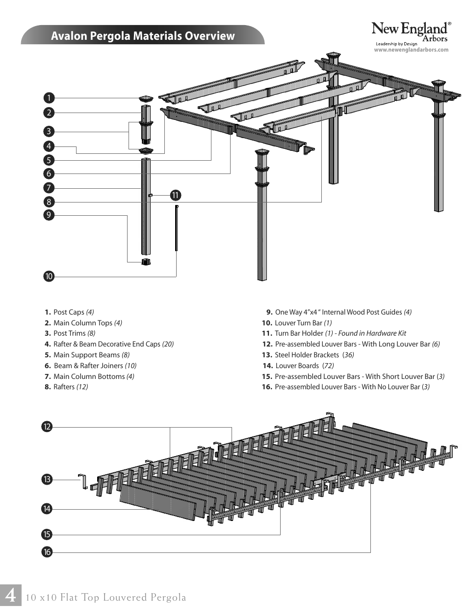 Avalon pergola materials overview | New England Arbors VA42062 User Manual | Page 4 / 23