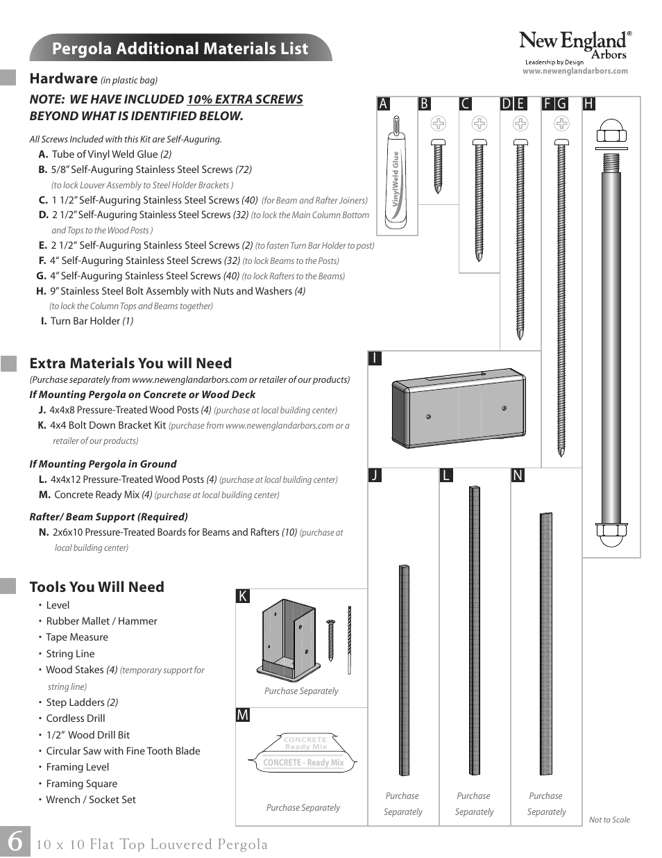 Pergola additional materials list, Hardware, Extra materials you will need | Tools you will need, 10 x 10 flat top louvered pergola n j l | New England Arbors VA42062 User Manual | Page 6 / 23