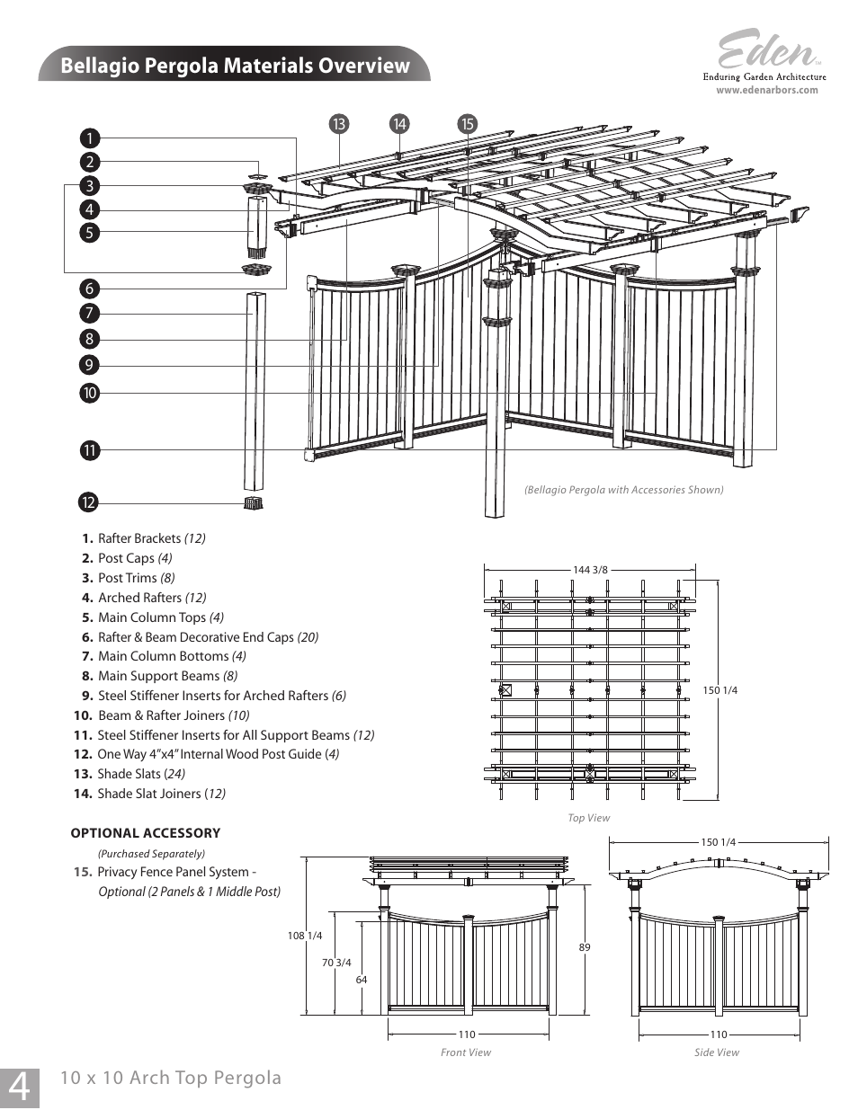 Bellagio pergola materials overview, 10 x 10 arch top pergola | New England Arbors VA42011 User Manual | Page 4 / 17