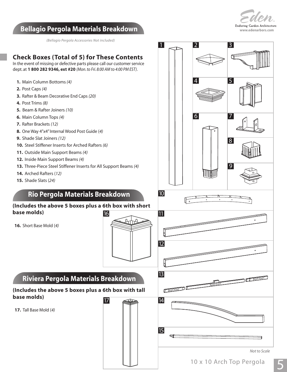 Bellagio pergola materials breakdown, Rio pergola materials breakdown, Riviera pergola materials breakdown | Check boxes (total of 5) for these contents, 10 x 10 arch top pergola | New England Arbors VA42011 User Manual | Page 5 / 17