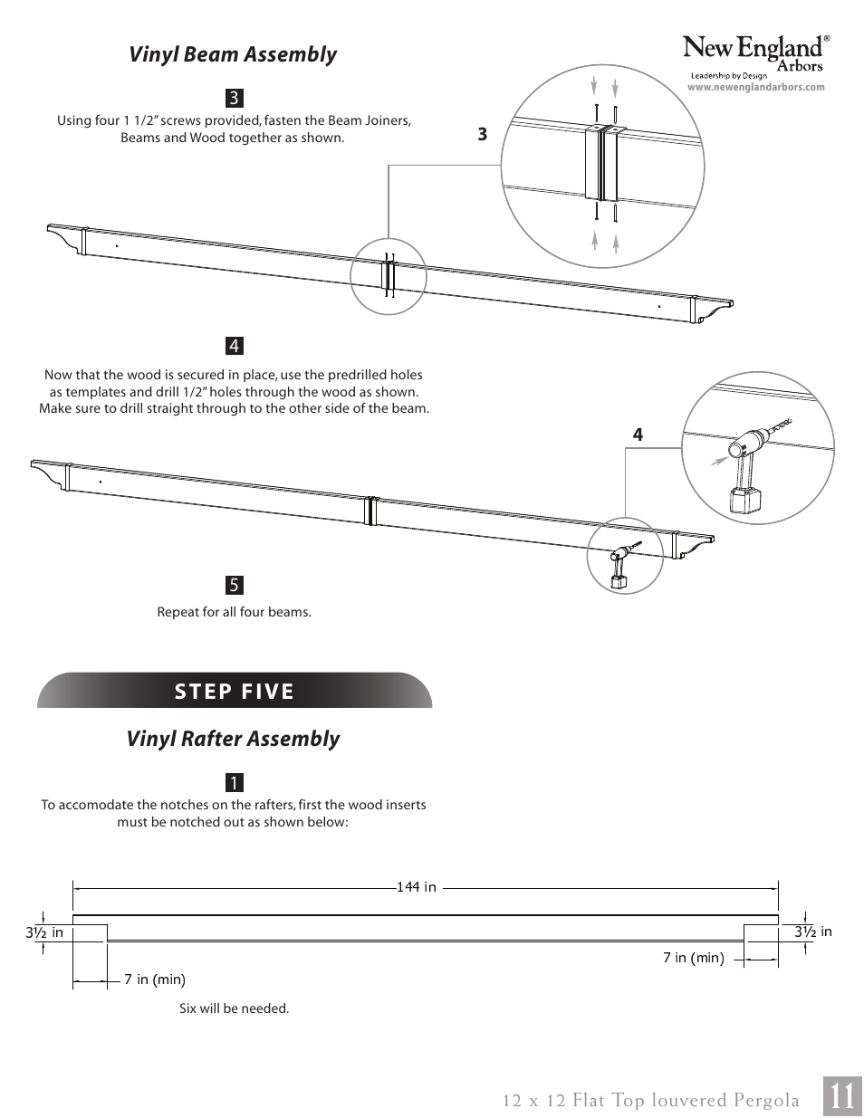 12 x 12 flat top louvered pergola pg11, Vinyl beam assembly, Vinyl rafter assembly | 12 x 12 flat top louvered pergola | New England Arbors VA42070 User Manual | Page 11 / 23