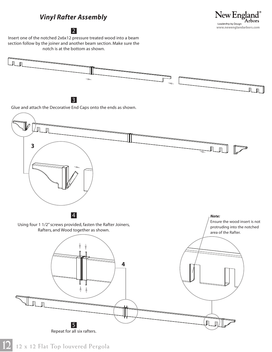 12 x 12 flat top louvered pergola pg12, Vinyl rafter assembly | New England Arbors VA42070 User Manual | Page 12 / 23