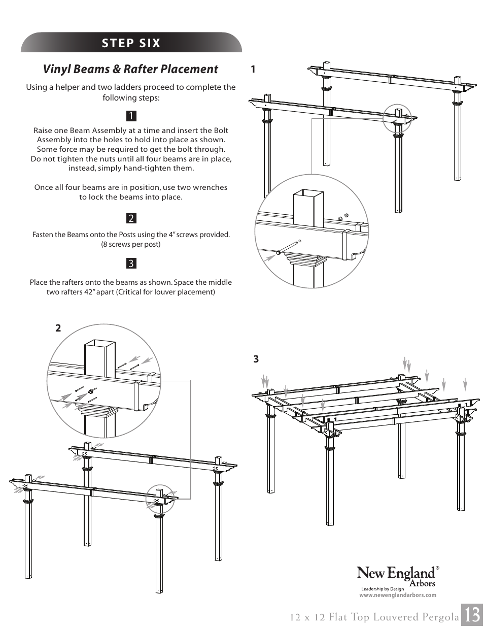 12 x 12 flat top louvered pergola pg13, Vinyl beams & rafter placement | New England Arbors VA42070 User Manual | Page 13 / 23