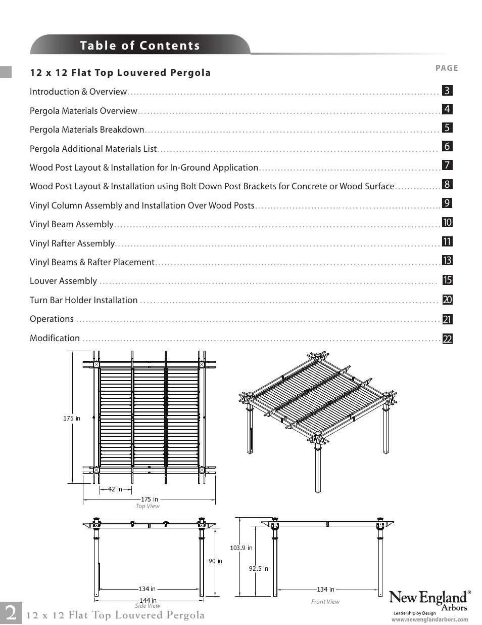 12 x 12 flat top louvered pergola pg02 | New England Arbors VA42070 User Manual | Page 2 / 23