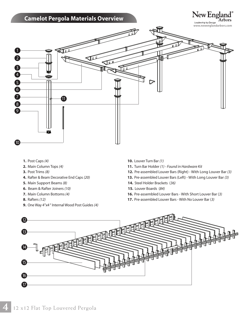 Camelot pergola materials overview, 12 x12 flat top louvered pergola | New England Arbors VA42070 User Manual | Page 4 / 23