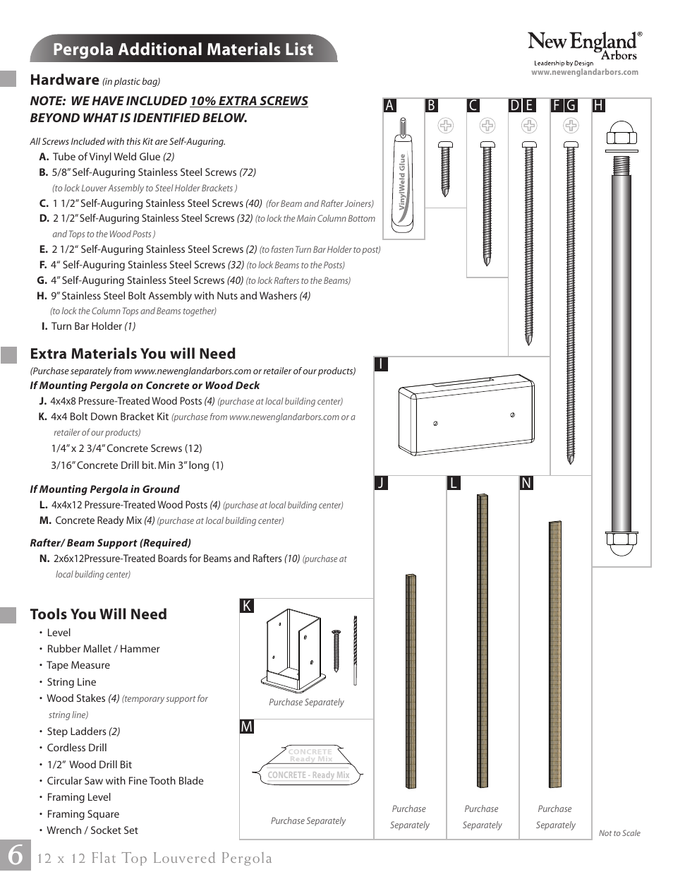 12 x 12 flat top louvered pergola pg06, Pergola additional materials list, Hardware | Extra materials you will need, Tools you will need, 12 x 12 flat top louvered pergola n j l | New England Arbors VA42070 User Manual | Page 6 / 23