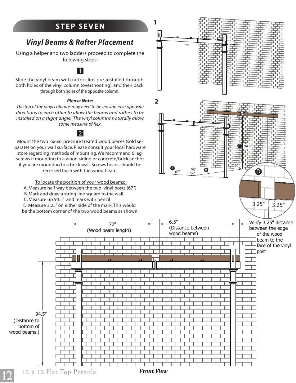Vinyl beams & rafter placement, 12 x 12 flat top pergola | New England Arbors VA42044 User Manual | Page 12 / 15