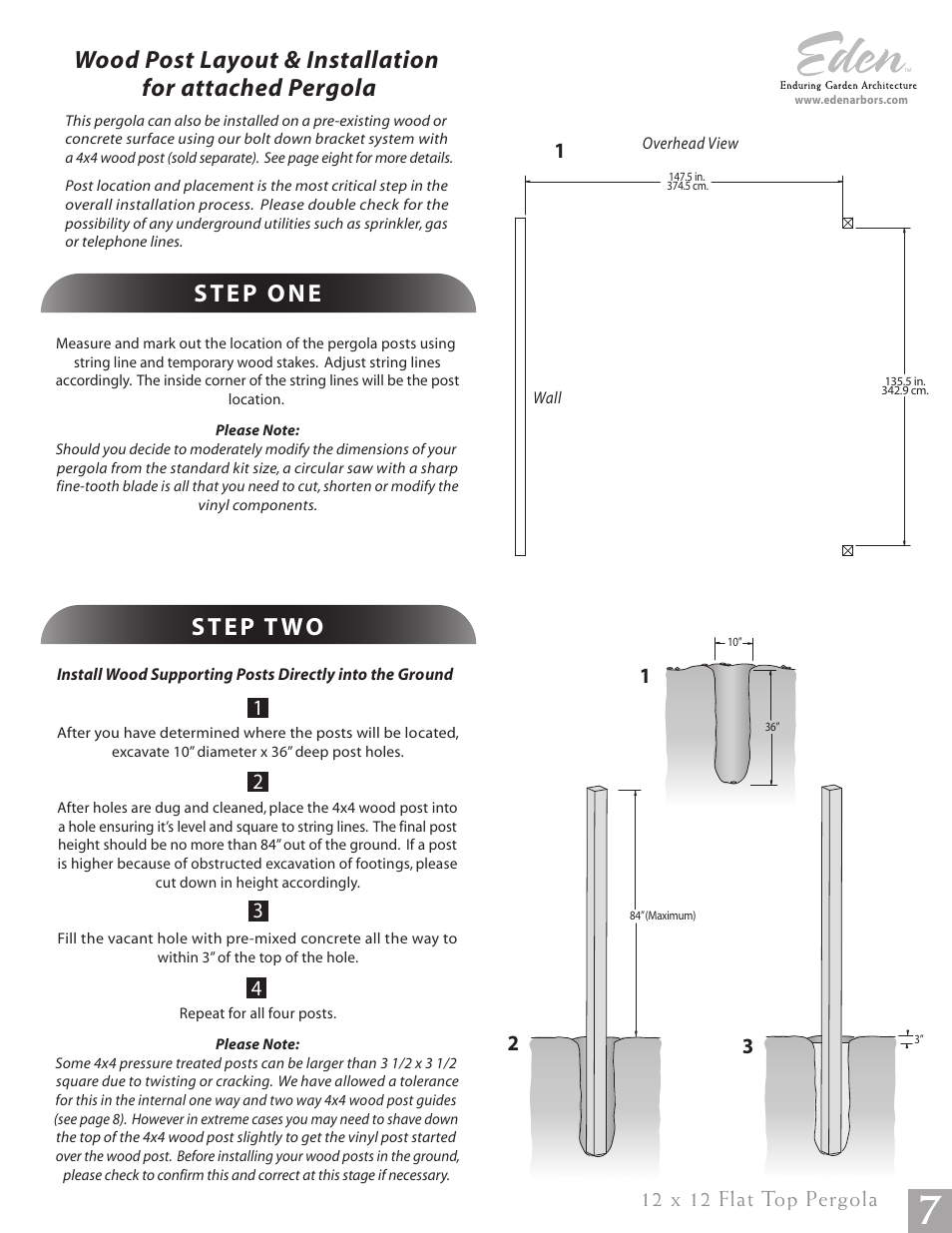 Step one, Step t wo, 12 x 12 flat top pergola | New England Arbors VA42044 User Manual | Page 7 / 15