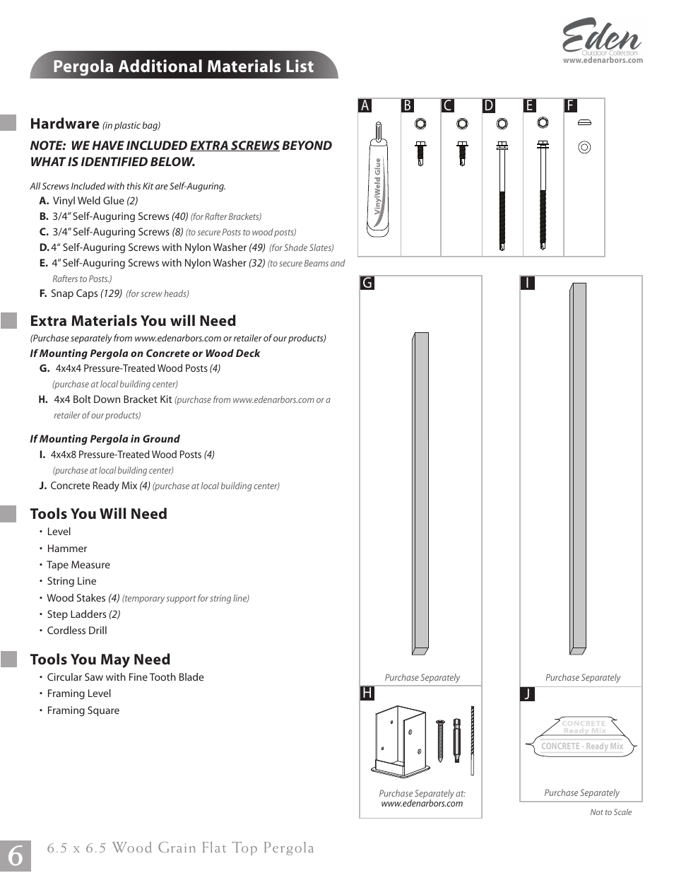 Pergola additional materials list, Hardware, Extra materials you will need | Tools you will need, Tools you may need, Ab c j, 5 x 6.5 wood grain flat top pergola, Gi h d | New England Arbors VA84044 User Manual | Page 6 / 12