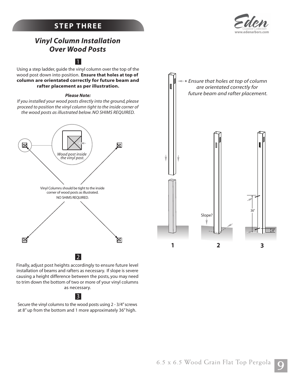 Vinyl column installation over wood posts, 5 x 6.5 wood grain flat top pergola | New England Arbors VA84044 User Manual | Page 9 / 12