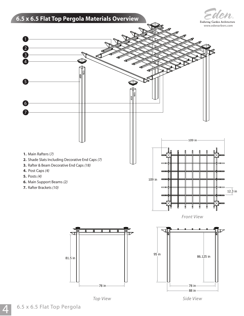 5 x 6.5 flat top pergola materials overview, 5 x 6.5 flat top pergola | New England Arbors VA40000 User Manual | Page 4 / 12