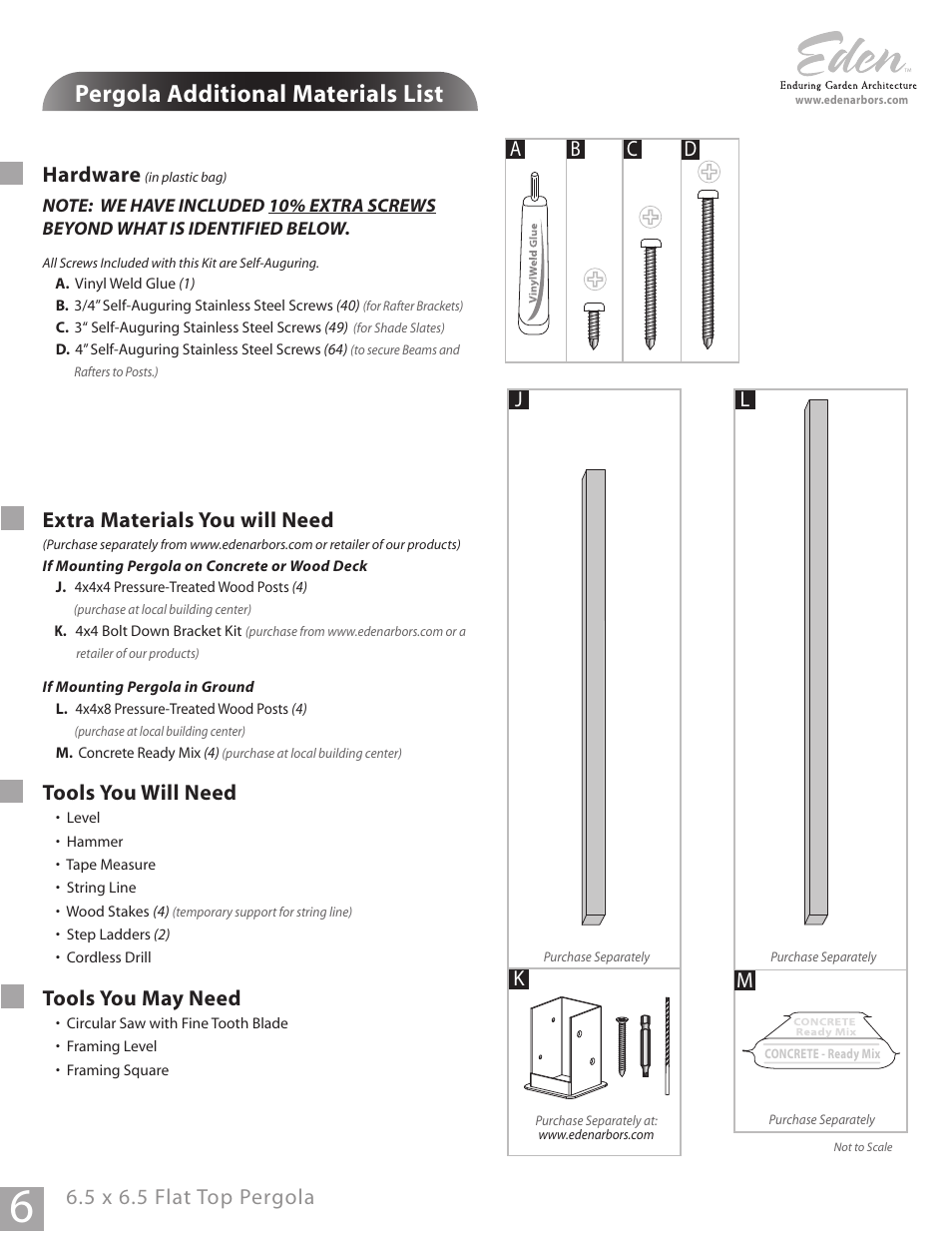 Pergola additional materials list, Hardware, Extra materials you will need | Tools you will need, Tools you may need, Ab c m, 5 x 6.5 flat top pergola, Jl k d | New England Arbors VA40000 User Manual | Page 6 / 12