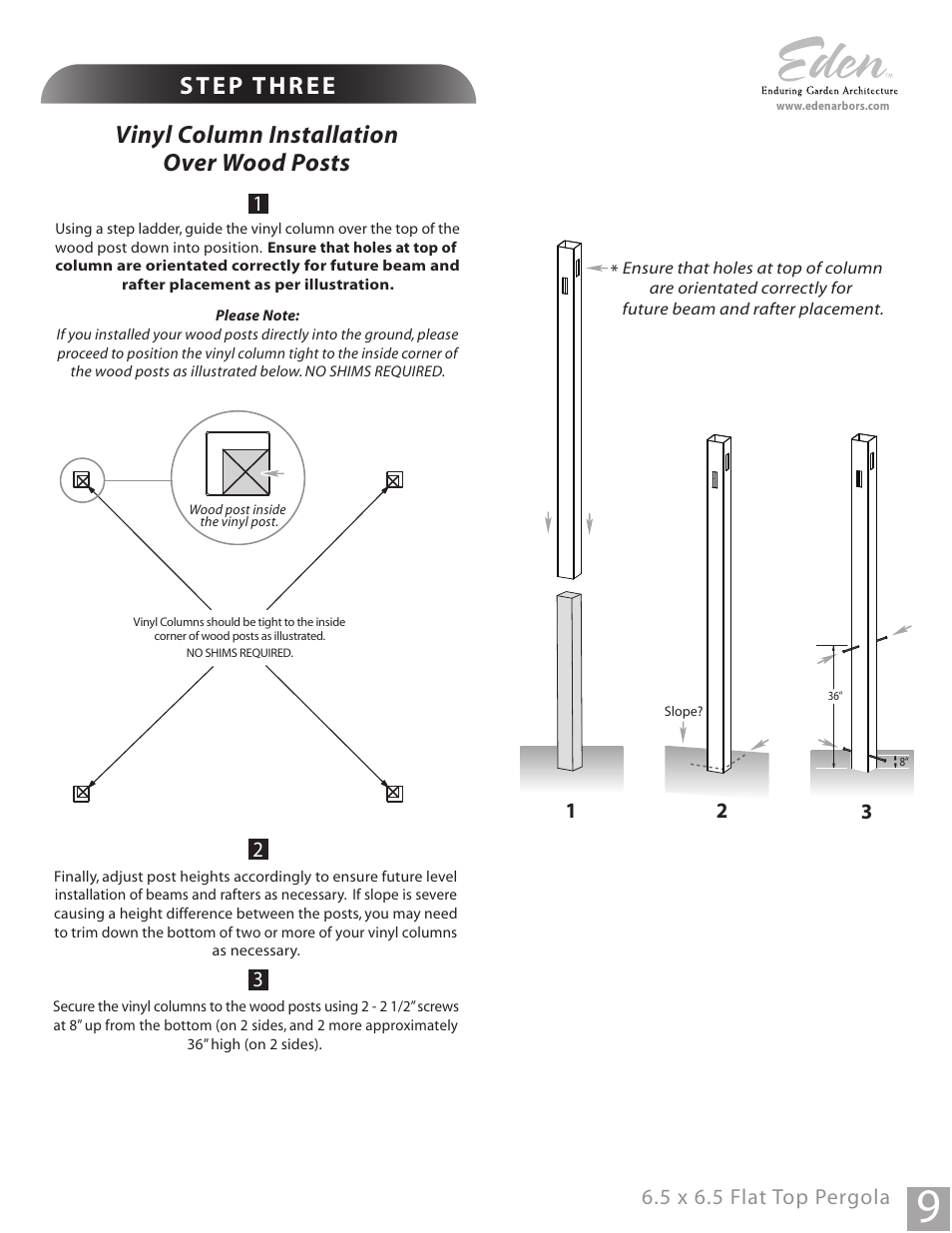 Vinyl column installation over wood posts, 5 x 6.5 flat top pergola | New England Arbors VA40000 User Manual | Page 9 / 12