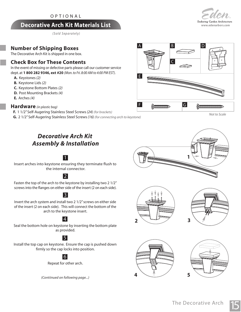 Decorative arch kit assembly & installation, Decorative arch kit materials list, The decorative arch | Number of shipping boxes, Check box for these contents, Hardware | New England Arbors VA42037 User Manual | Page 15 / 19