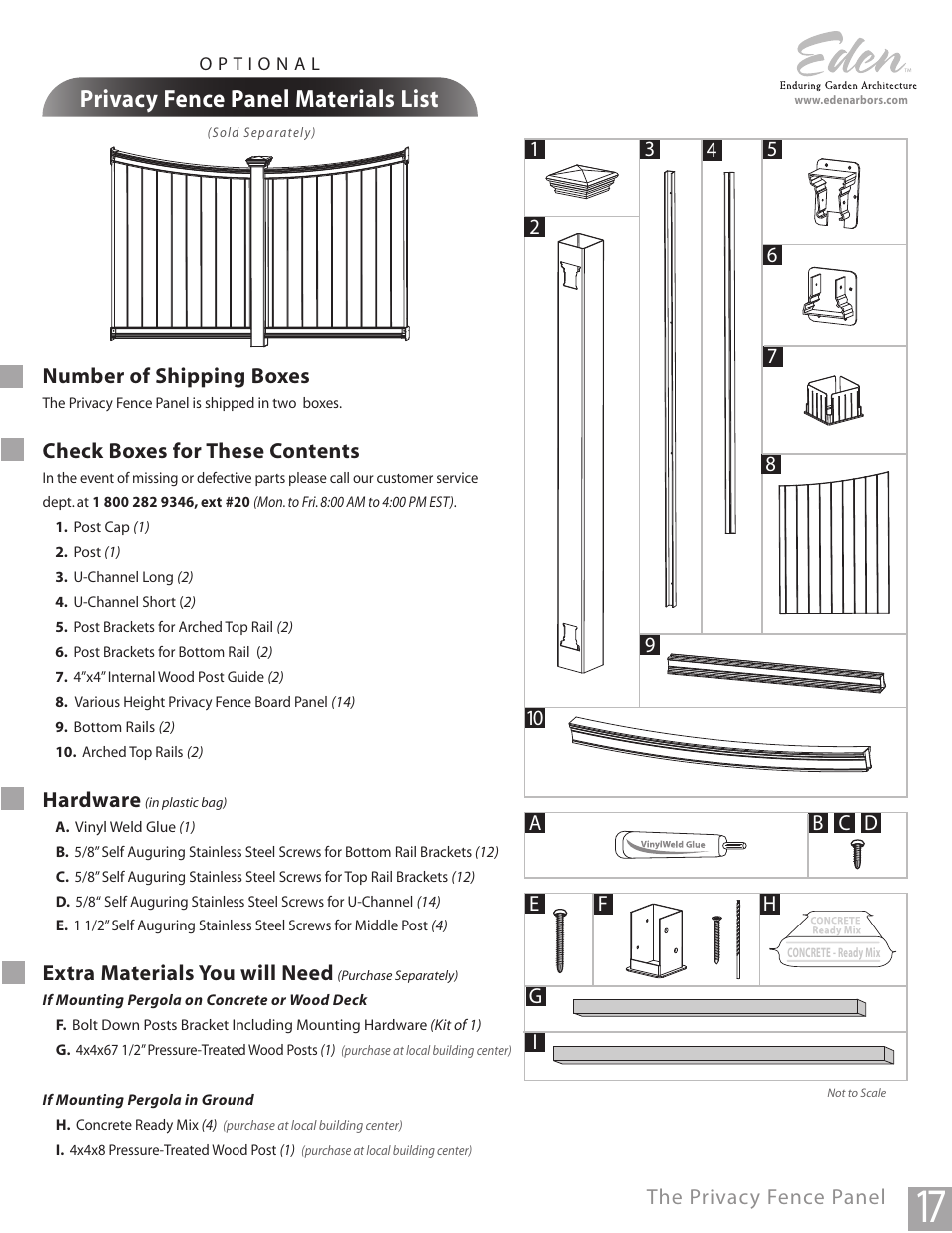 Privacy fence panel materials list, The privacy fence panel, Number of shipping boxes | Check boxes for these contents, Hardware, Extra materials you will need, Da b c | New England Arbors VA42037 User Manual | Page 17 / 19