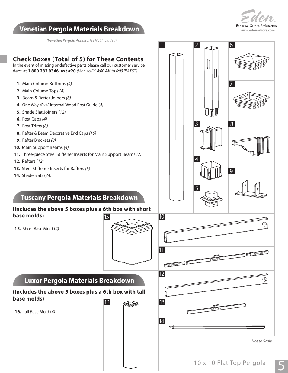 Venetian pergola materials breakdown, Tuscany pergola materials breakdown, Luxor pergola materials breakdown | Check boxes (total of 5) for these contents, 10 x 10 flat top pergola | New England Arbors VA42037 User Manual | Page 5 / 19