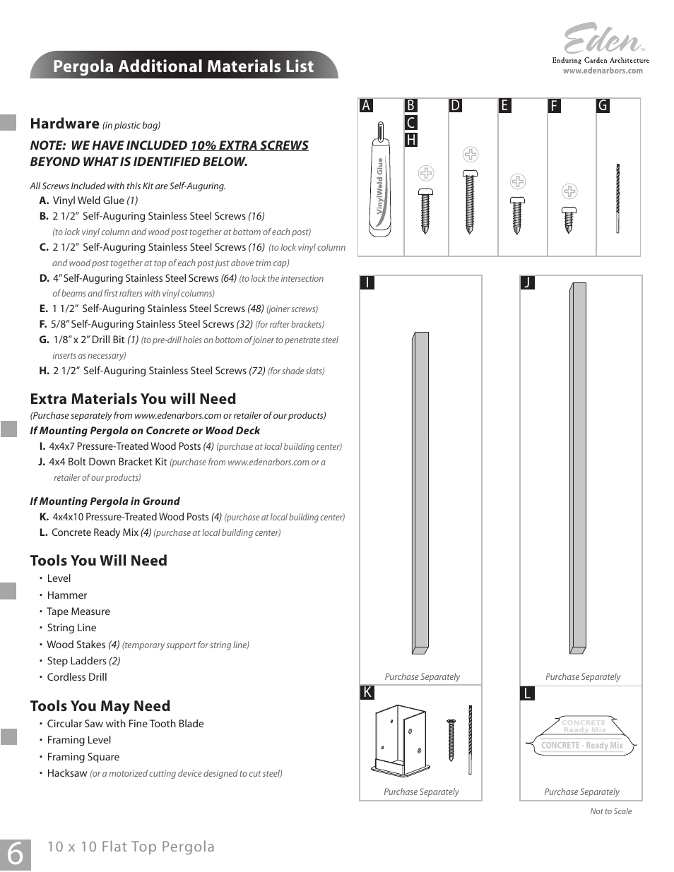 Pergola additional materials list, Hardware, Extra materials you will need | Tools you will need, Tools you may need, Ab d l, 10 x 10 flat top pergola | New England Arbors VA42037 User Manual | Page 6 / 19