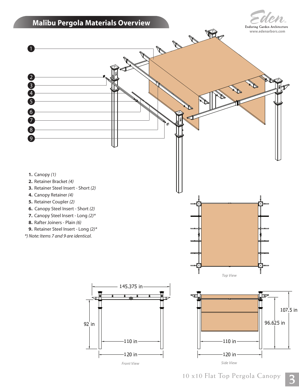 Malibu pergola materials overview, 10 x10 flat top pergola canopy | New England Arbors VA42057 User Manual | Page 3 / 7