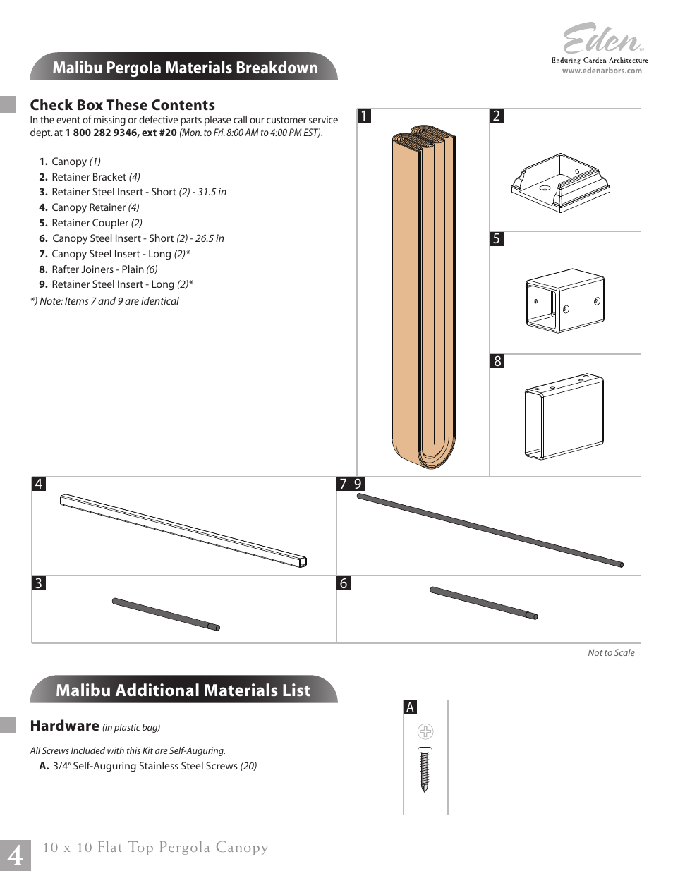 Malibu pergola materials breakdown, Malibu additional materials list | New England Arbors VA42057 User Manual | Page 4 / 7