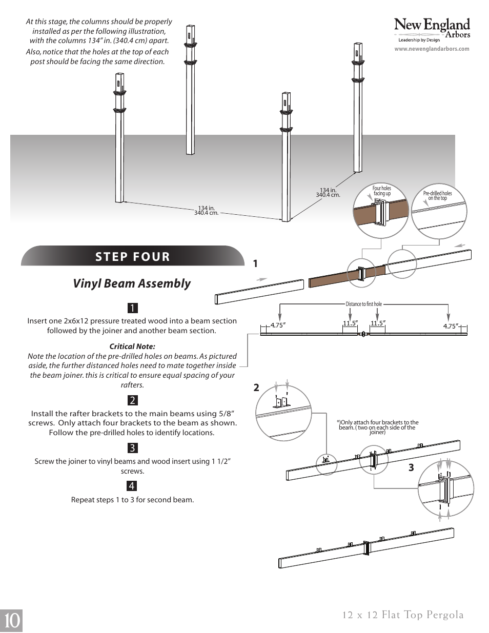 12 x 12 flat top pergola pg10, Vinyl beam assembly, 12 x 12 flat top pergola | New England Arbors VA84046 User Manual | Page 10 / 14