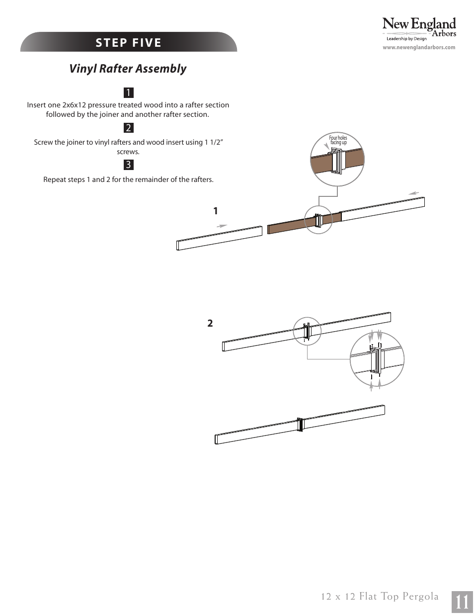 12 x 12 flat top pergola pg11, Vinyl rafter assembly | New England Arbors VA84046 User Manual | Page 11 / 14