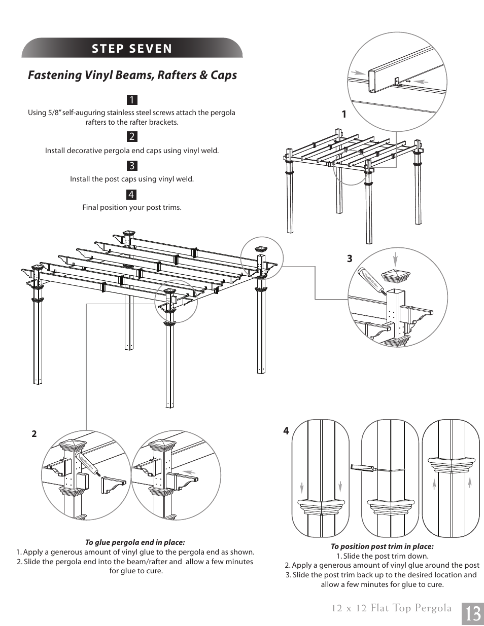12 x 12 flat top pergola pg13, Fastening vinyl beams, rafters & caps | New England Arbors VA84046 User Manual | Page 13 / 14