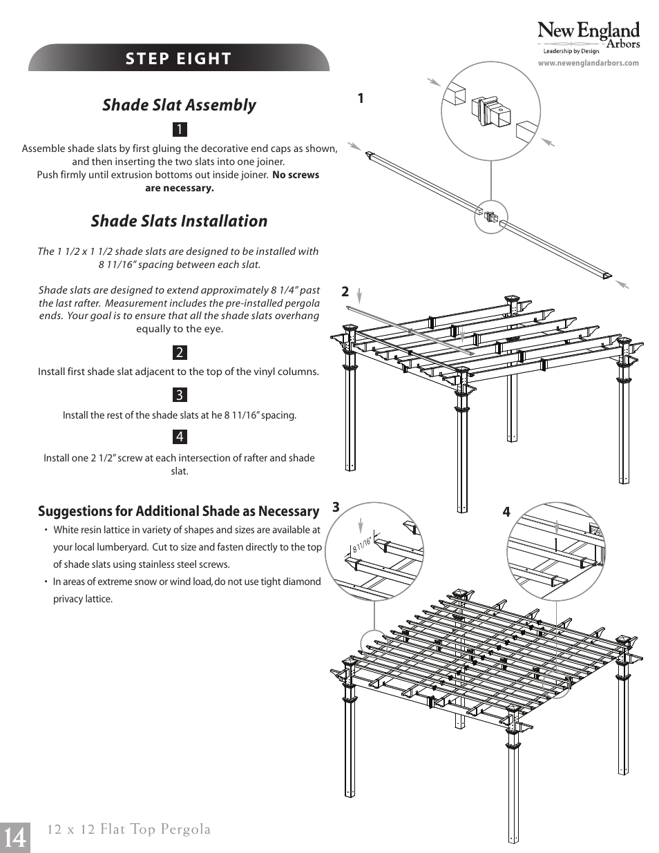 12 x 12 flat top pergola pg14, Shade slat assembly | New England Arbors VA84046 User Manual | Page 14 / 14