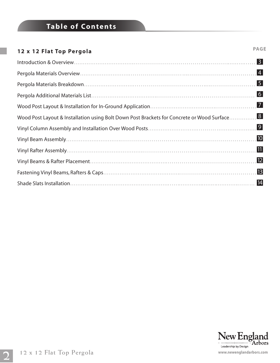 12 x 12 flat top pergola pg02 | New England Arbors VA84046 User Manual | Page 2 / 14