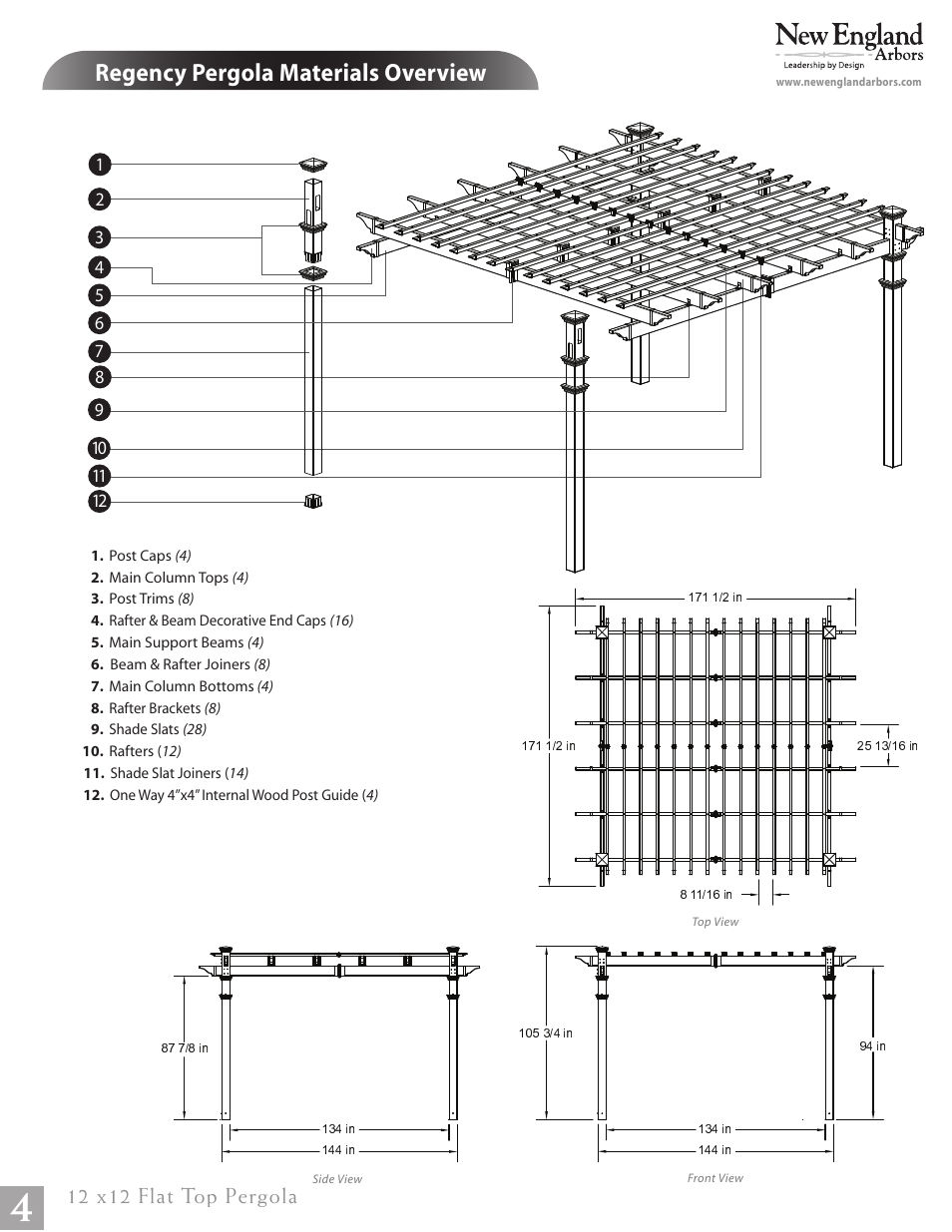 12 x 12 flat top pergola pg04, Regency pergola materials overview, 12 x12 flat top pergola | New England Arbors VA84046 User Manual | Page 4 / 14