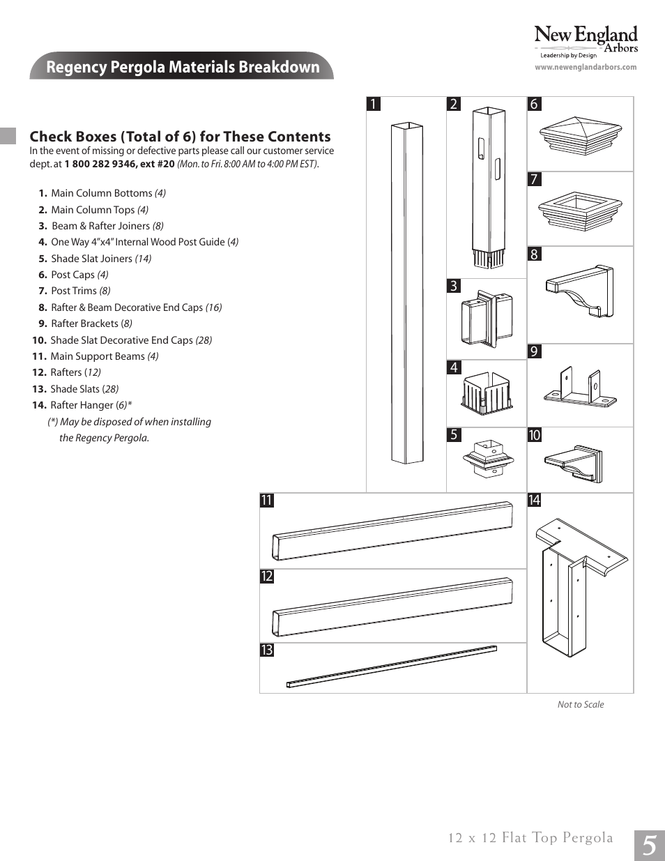 12 x 12 flat top pergola pg05, Regency pergola materials breakdown | New England Arbors VA84046 User Manual | Page 5 / 14
