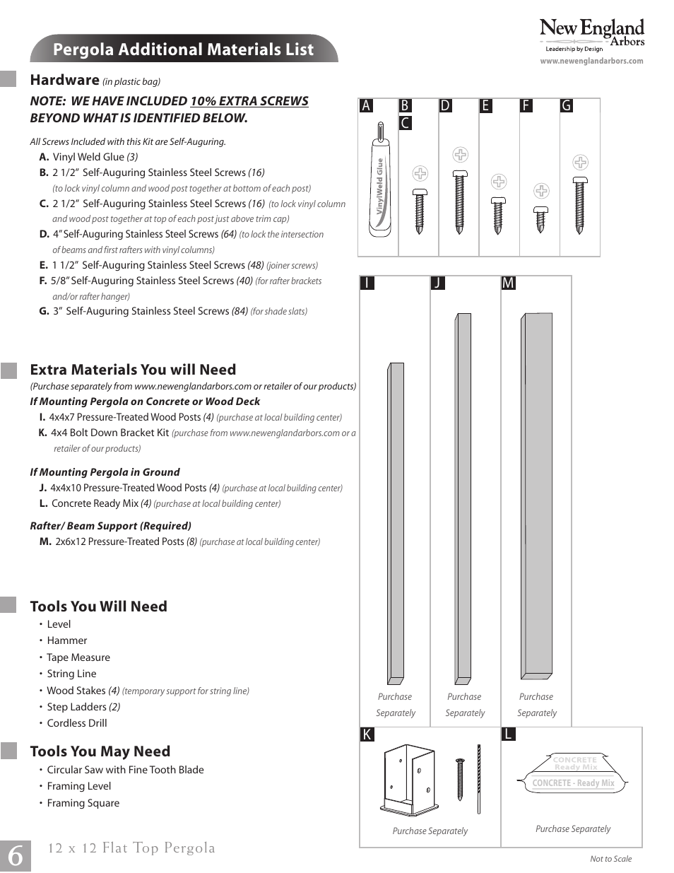 12 x 12 flat top pergola pg06, Pergola additional materials list, Hardware | Extra materials you will need, Tools you will need, Tools you may need, 12 x 12 flat top pergola | New England Arbors VA84046 User Manual | Page 6 / 14